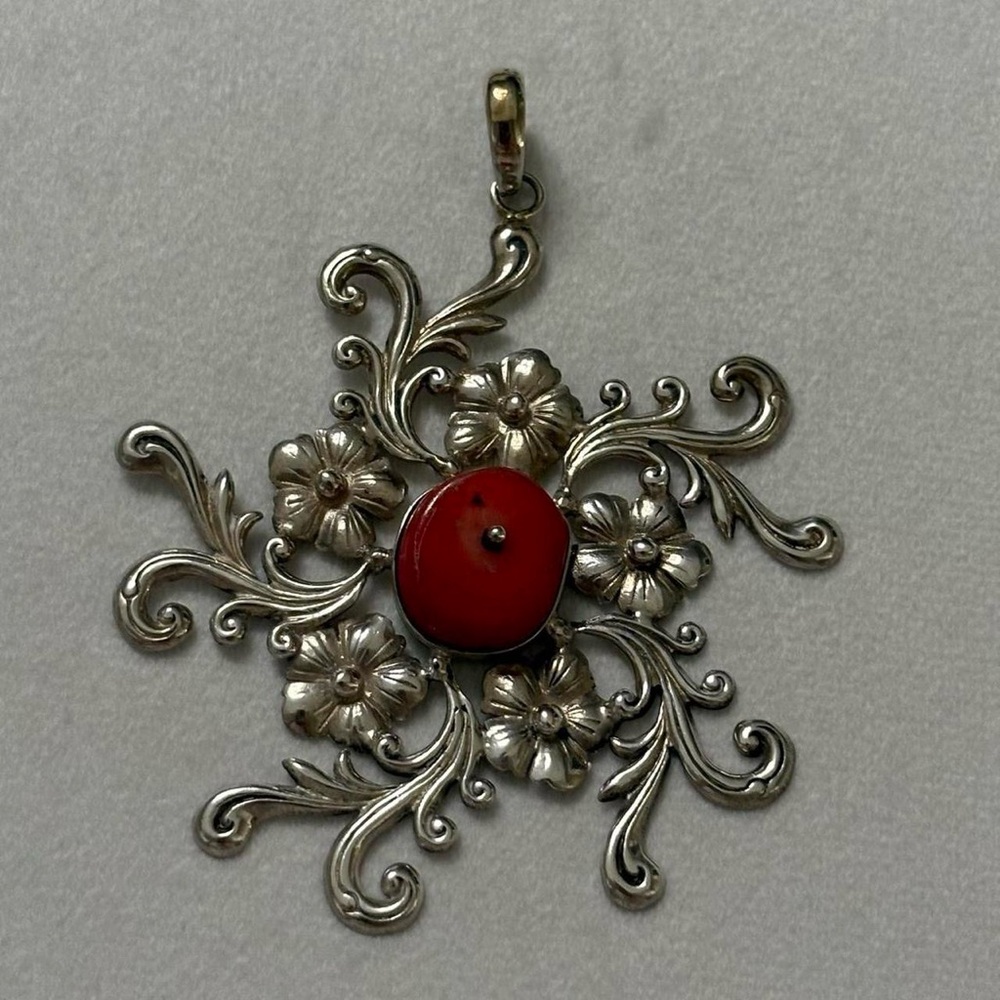 Vintage 925 Sterling Silver Red Coral Large Statement Floral Swirly Pendant